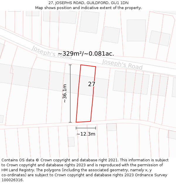 27, JOSEPHS ROAD, GUILDFORD, GU1 1DN: Plot and title map