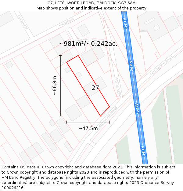27, LETCHWORTH ROAD, BALDOCK, SG7 6AA: Plot and title map