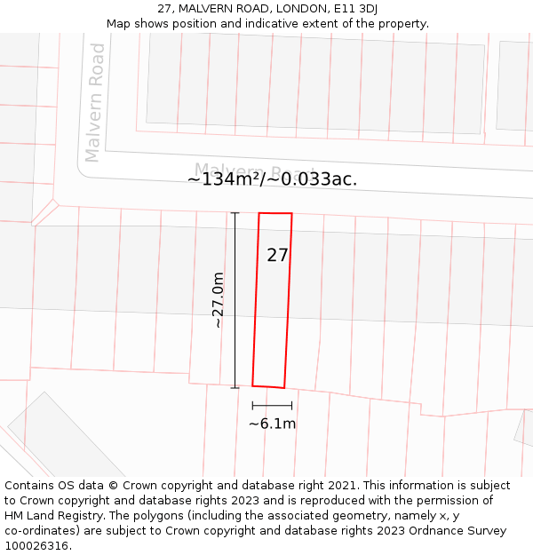 27, MALVERN ROAD, LONDON, E11 3DJ: Plot and title map