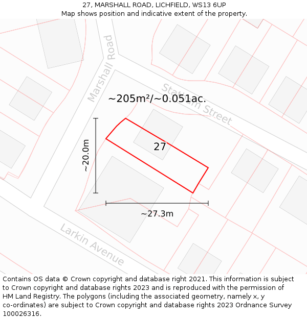 27, MARSHALL ROAD, LICHFIELD, WS13 6UP: Plot and title map