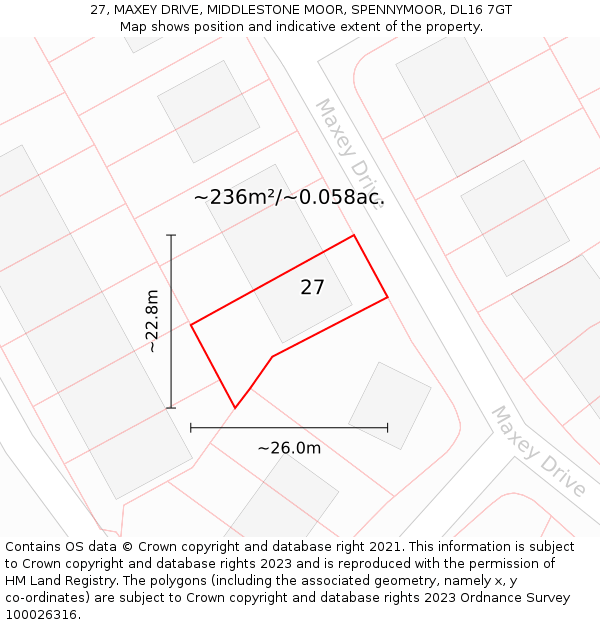 27, MAXEY DRIVE, MIDDLESTONE MOOR, SPENNYMOOR, DL16 7GT: Plot and title map
