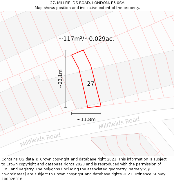 27, MILLFIELDS ROAD, LONDON, E5 0SA: Plot and title map