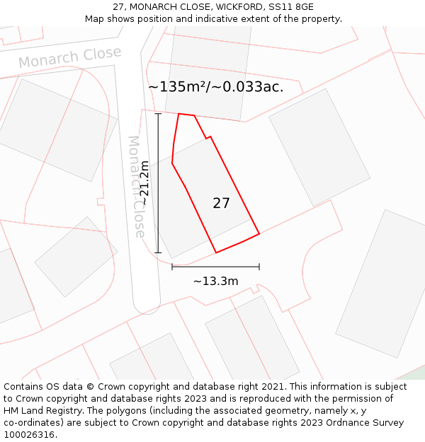 27, MONARCH CLOSE, WICKFORD, SS11 8GE: Plot and title map