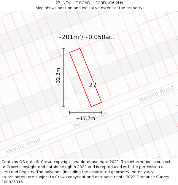 27, NEVILLE ROAD, ILFORD, IG6 2LN: Plot and title map