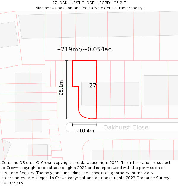 27, OAKHURST CLOSE, ILFORD, IG6 2LT: Plot and title map