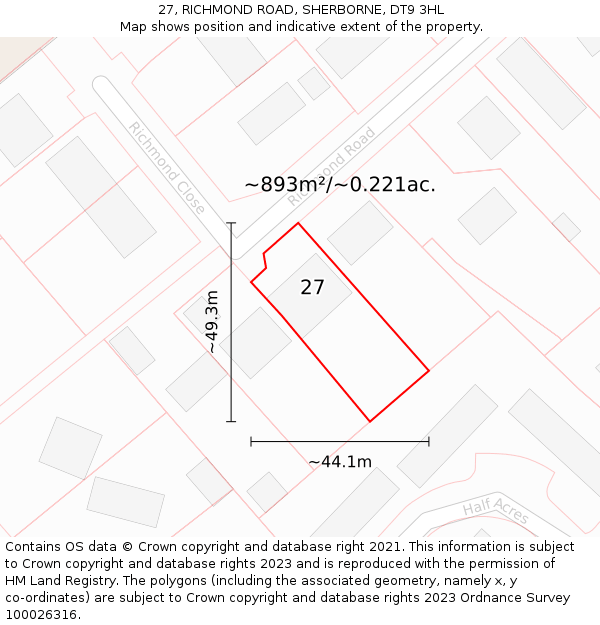 27, RICHMOND ROAD, SHERBORNE, DT9 3HL: Plot and title map