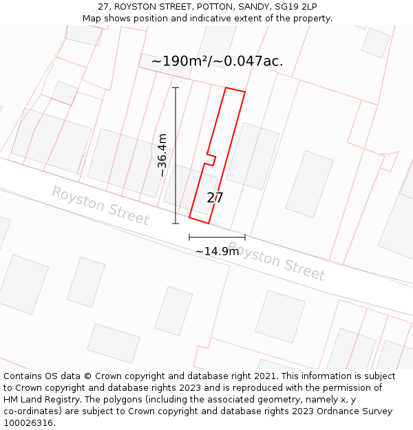 27, ROYSTON STREET, POTTON, SANDY, SG19 2LP: Plot and title map