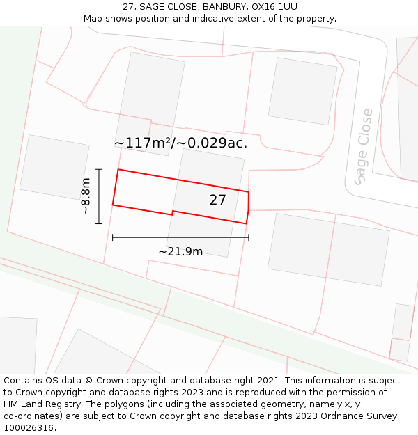 27, SAGE CLOSE, BANBURY, OX16 1UU: Plot and title map