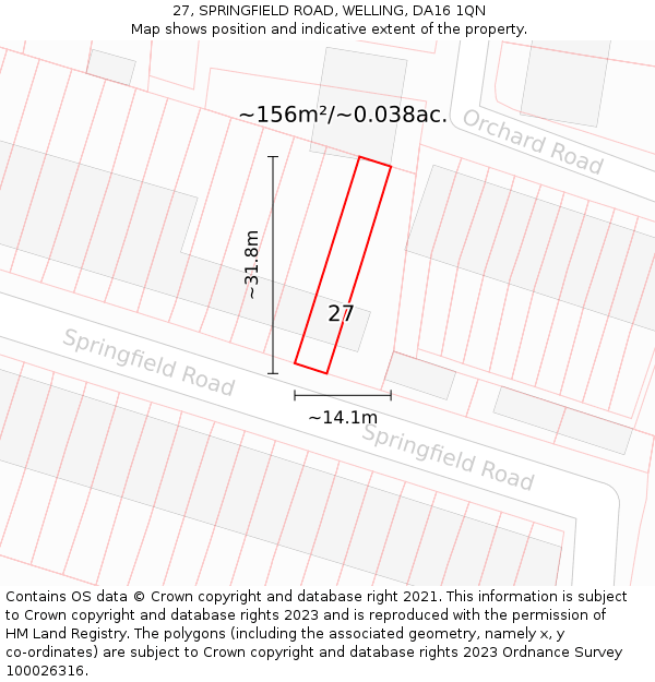 27, SPRINGFIELD ROAD, WELLING, DA16 1QN: Plot and title map