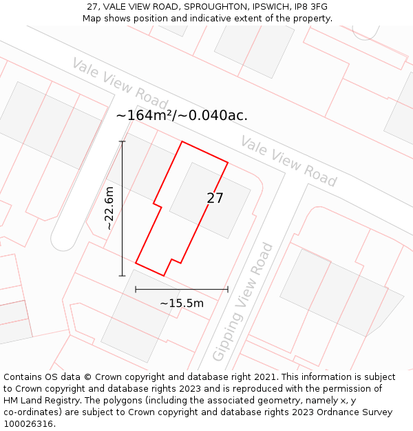 27, VALE VIEW ROAD, SPROUGHTON, IPSWICH, IP8 3FG: Plot and title map