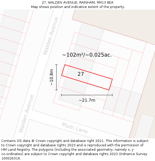 27, WALDEN AVENUE, RAINHAM, RM13 8EA: Plot and title map