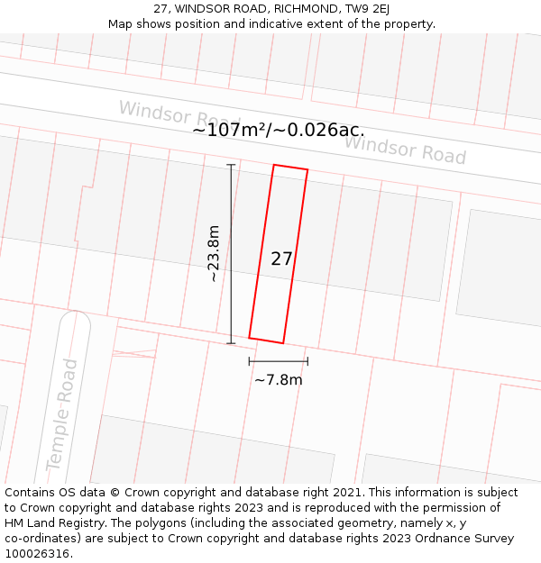 27, WINDSOR ROAD, RICHMOND, TW9 2EJ: Plot and title map