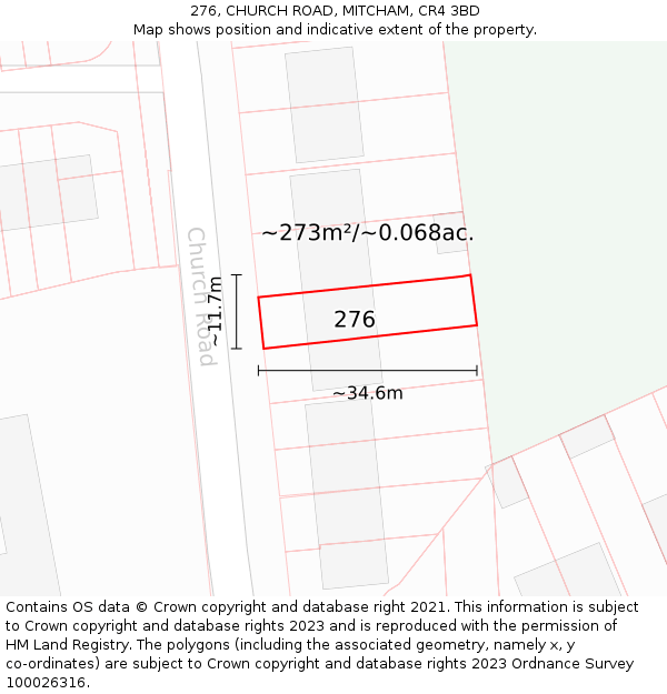 276, CHURCH ROAD, MITCHAM, CR4 3BD: Plot and title map