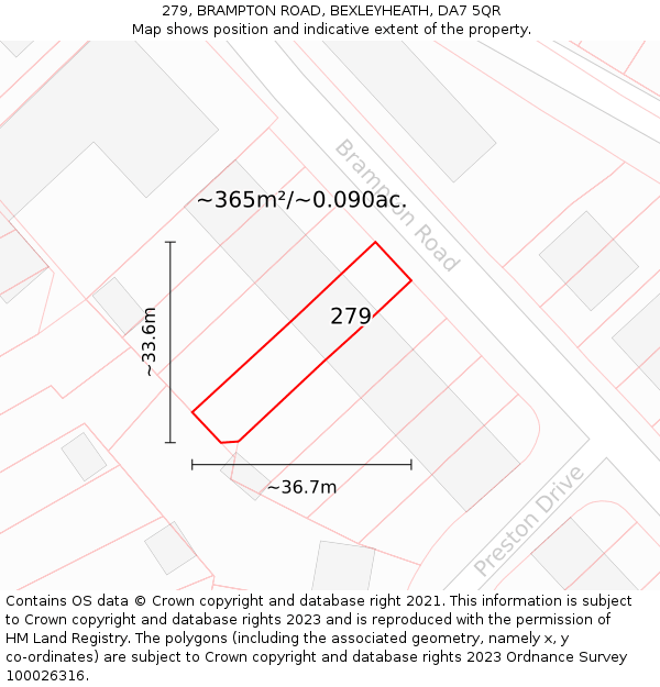 279, BRAMPTON ROAD, BEXLEYHEATH, DA7 5QR: Plot and title map