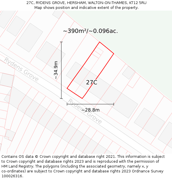 27C, RYDENS GROVE, HERSHAM, WALTON-ON-THAMES, KT12 5RU: Plot and title map