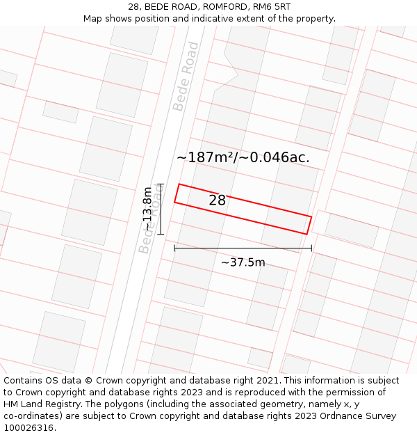 28, BEDE ROAD, ROMFORD, RM6 5RT: Plot and title map