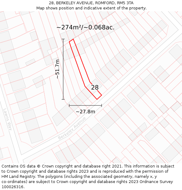 28, BERKELEY AVENUE, ROMFORD, RM5 3TA: Plot and title map