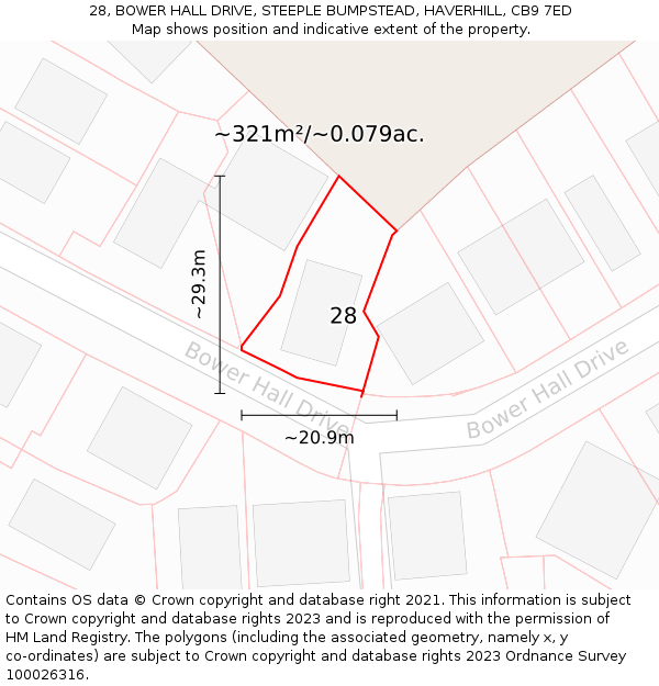 28, BOWER HALL DRIVE, STEEPLE BUMPSTEAD, HAVERHILL, CB9 7ED: Plot and title map