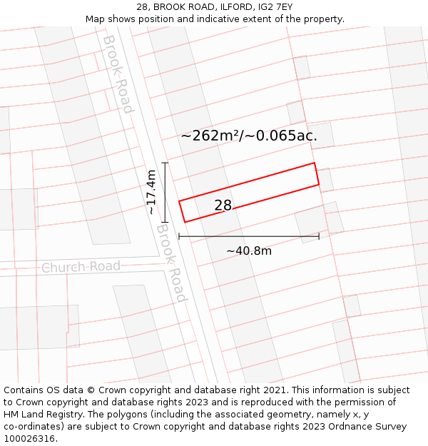 28, BROOK ROAD, ILFORD, IG2 7EY: Plot and title map