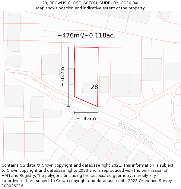 28, BROWNS CLOSE, ACTON, SUDBURY, CO10 0XL: Plot and title map