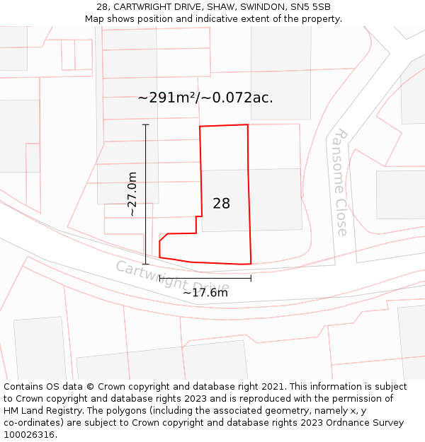 28, CARTWRIGHT DRIVE, SHAW, SWINDON, SN5 5SB: Plot and title map