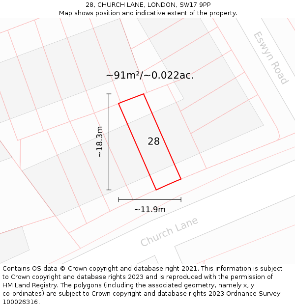 28, CHURCH LANE, LONDON, SW17 9PP: Plot and title map