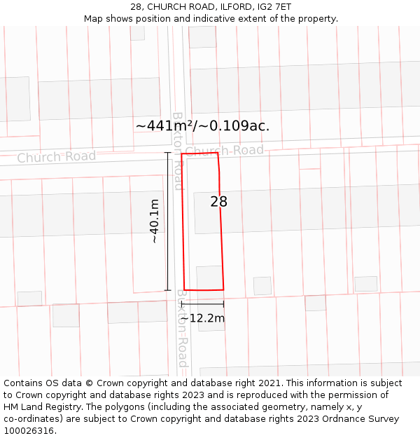 28, CHURCH ROAD, ILFORD, IG2 7ET: Plot and title map