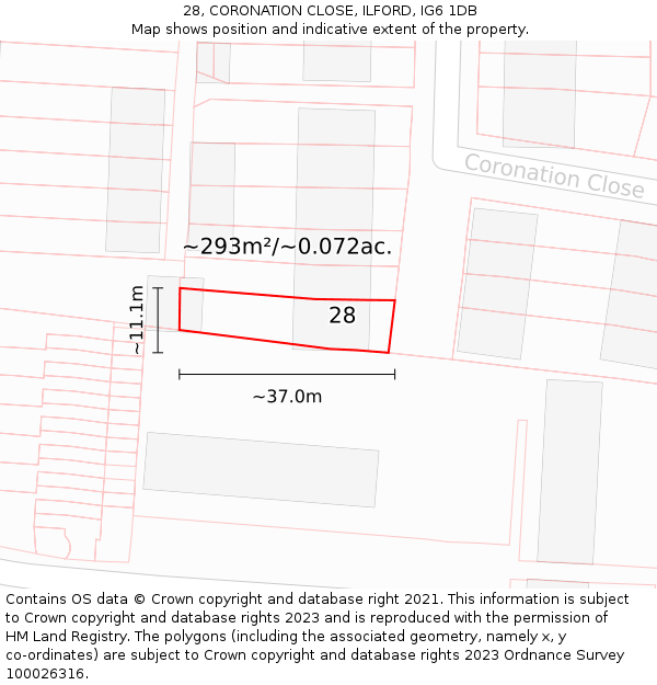 28, CORONATION CLOSE, ILFORD, IG6 1DB: Plot and title map