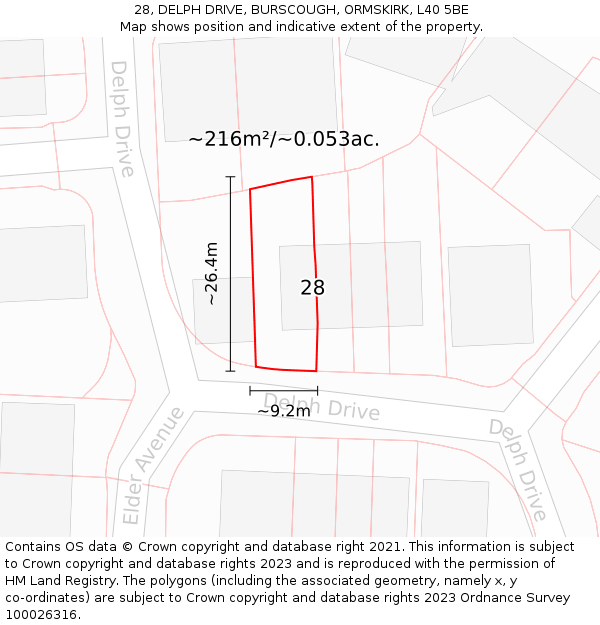 28, DELPH DRIVE, BURSCOUGH, ORMSKIRK, L40 5BE: Plot and title map