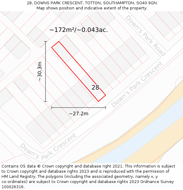 28, DOWNS PARK CRESCENT, TOTTON, SOUTHAMPTON, SO40 9GN: Plot and title map