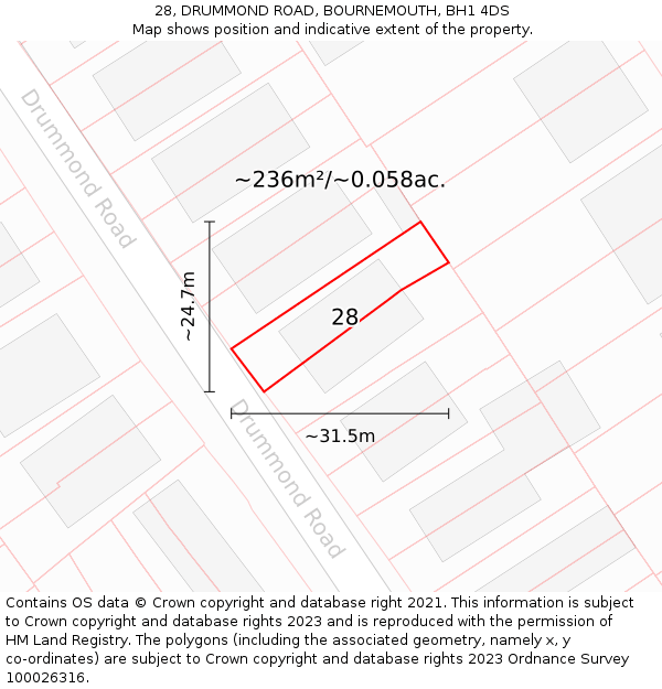 28, DRUMMOND ROAD, BOURNEMOUTH, BH1 4DS: Plot and title map