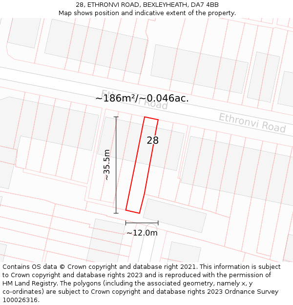 28, ETHRONVI ROAD, BEXLEYHEATH, DA7 4BB: Plot and title map