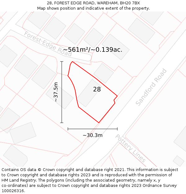 28, FOREST EDGE ROAD, WAREHAM, BH20 7BX: Plot and title map