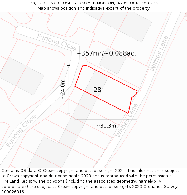 28, FURLONG CLOSE, MIDSOMER NORTON, RADSTOCK, BA3 2PR: Plot and title map