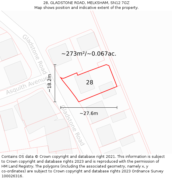 28, GLADSTONE ROAD, MELKSHAM, SN12 7GZ: Plot and title map