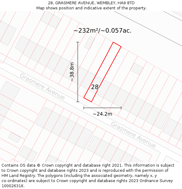 28, GRASMERE AVENUE, WEMBLEY, HA9 8TD: Plot and title map