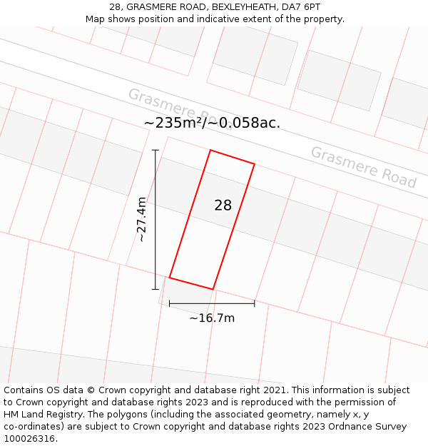 28, GRASMERE ROAD, BEXLEYHEATH, DA7 6PT: Plot and title map