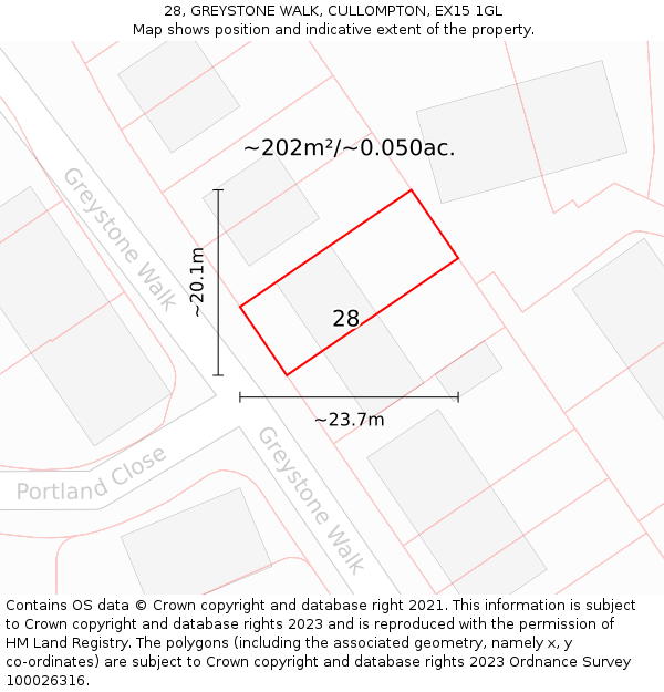 28, GREYSTONE WALK, CULLOMPTON, EX15 1GL: Plot and title map