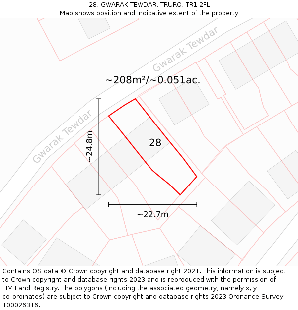 28, GWARAK TEWDAR, TRURO, TR1 2FL: Plot and title map