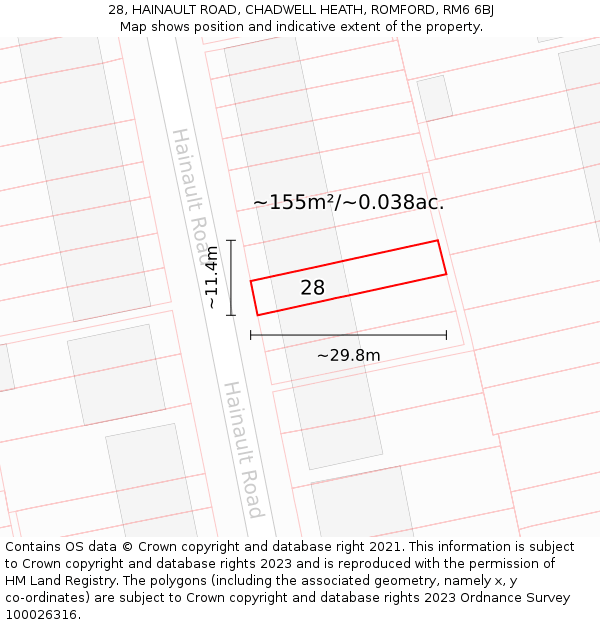 28, HAINAULT ROAD, CHADWELL HEATH, ROMFORD, RM6 6BJ: Plot and title map