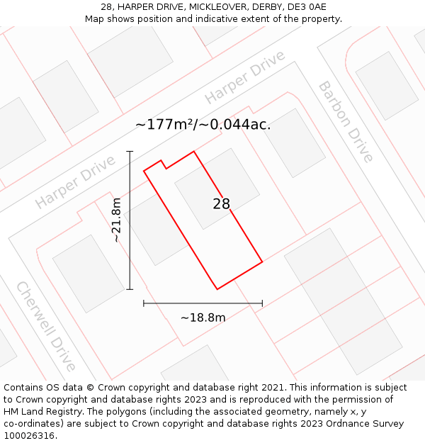 28, HARPER DRIVE, MICKLEOVER, DERBY, DE3 0AE: Plot and title map