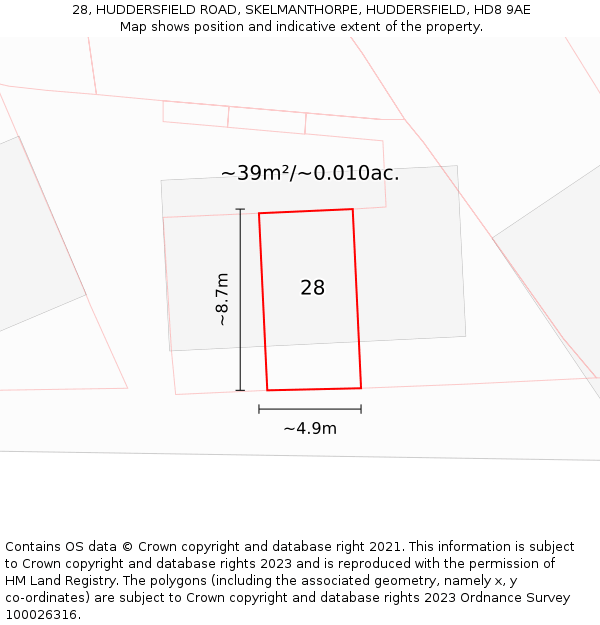 28, HUDDERSFIELD ROAD, SKELMANTHORPE, HUDDERSFIELD, HD8 9AE: Plot and title map