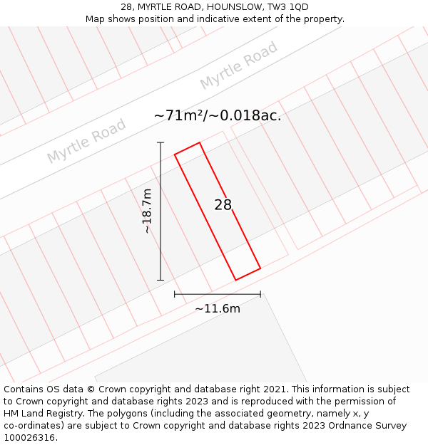 28, MYRTLE ROAD, HOUNSLOW, TW3 1QD: Plot and title map