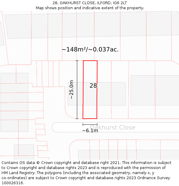 28, OAKHURST CLOSE, ILFORD, IG6 2LT: Plot and title map