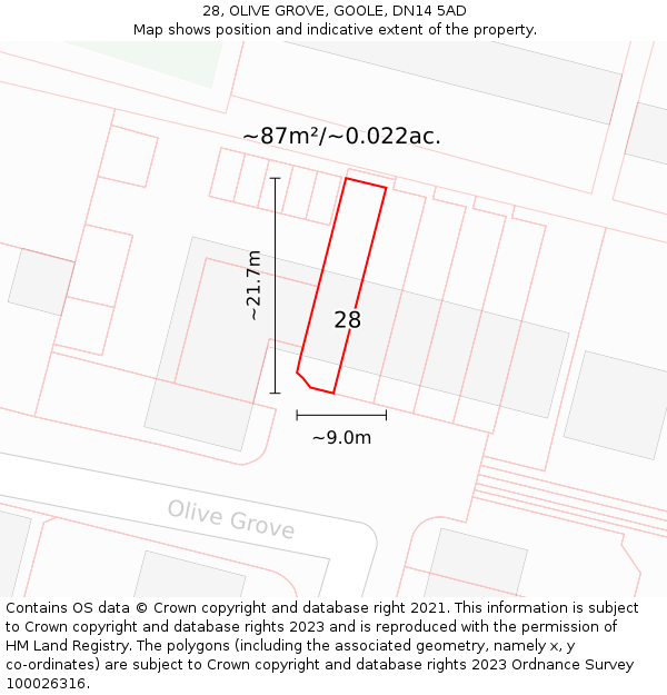 28, OLIVE GROVE, GOOLE, DN14 5AD: Plot and title map