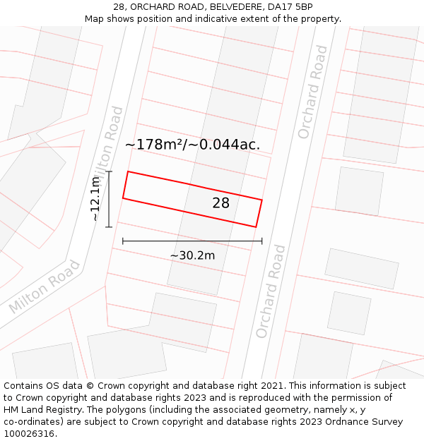 28, ORCHARD ROAD, BELVEDERE, DA17 5BP: Plot and title map