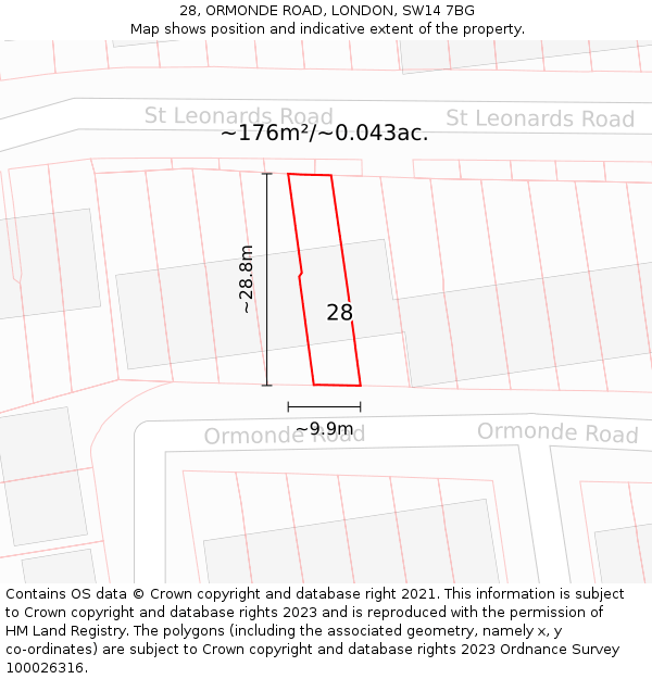 28, ORMONDE ROAD, LONDON, SW14 7BG: Plot and title map
