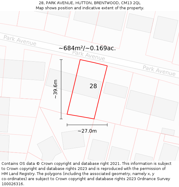 28, PARK AVENUE, HUTTON, BRENTWOOD, CM13 2QL: Plot and title map