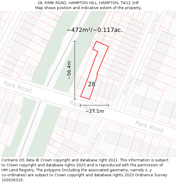 28, PARK ROAD, HAMPTON HILL, HAMPTON, TW12 1HF: Plot and title map