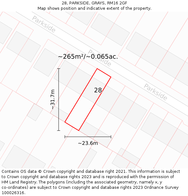 28, PARKSIDE, GRAYS, RM16 2GF: Plot and title map